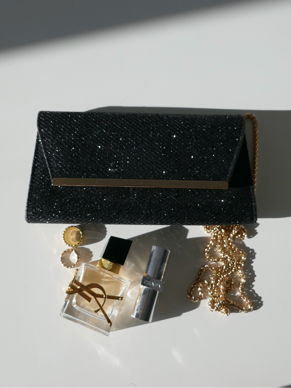 Le Chateau Black Glitter Envelope Clutch with Removable Gold Chain